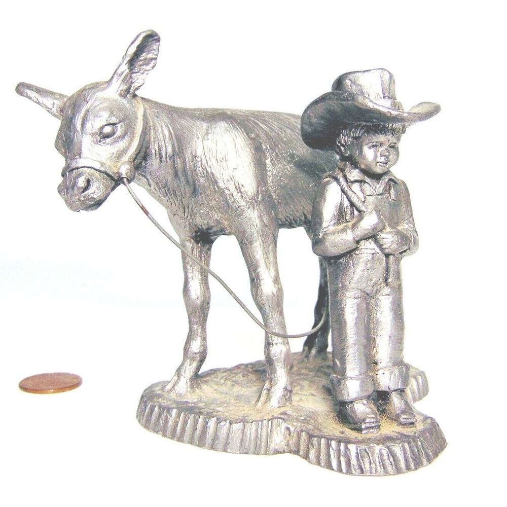 Pewter Cow Boy Figurine Farm Animal Cowboy 4" Limited Edition Signed MA Ricker